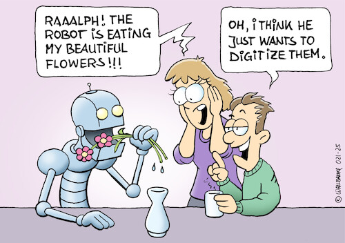 Cartoon: Robot digitizes flowers (medium) by Rovey tagged robots,flowers,ai,artificial,intelligence,machine,learning,digitalization,system,error,surprise,horror,robotart,robotics,technology,household,home,humanoid,couple,cartoon,illustration,drawing,valentinesday,robots,flowers,ai,artificial,intelligence,machine,learning,digitalization,system,error,surprise,horror,robotart,robotics,technology,household,home,humanoid,couple,cartoon,illustration,drawing,valentinesday