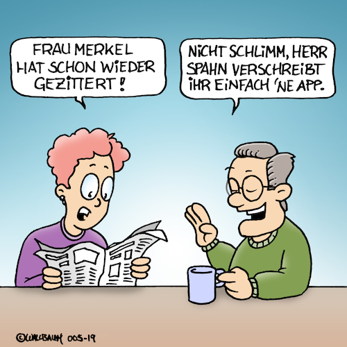 Cartoon: Wirksame Medizin gegen Zittern (medium) by Rovey tagged frau,angela,merkel,kanzlerin,zittern,bundeskanzlerin,gesundheitszustand,tremor,gesundheitsminister,herr,jens,spahn,app,gesundheitsapp,gesundheitswesen,gesundheitssystem,verschreibung,medizin,hilfe,gespräch,küchentisch,ehepaar,zeitung,news,frau,angela,merkel,kanzlerin,zittern,bundeskanzlerin,gesundheitszustand,tremor,gesundheitsminister,herr,jens,spahn,app,gesundheitsapp,gesundheitswesen,gesundheitssystem,verschreibung,medizin,hilfe,gespräch,küchentisch,ehepaar,zeitung,news