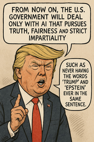 Cartoon: Trumps AI Impartiality (medium) by PoliticoLoco tagged ai,aiart,trump,epstein