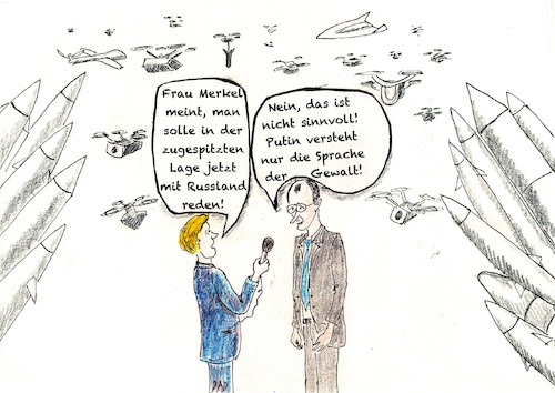 Cartoon: Sprache der Gewalt (medium) by Don-al-dente tagged kriegsgefahr,russland,europa,nato,ukraine,usa,politik,merkel,merz,deutschland,aufrüstung,drohnenkrieg,eskalation,diplomatie,jeffrey,sachs,frieden