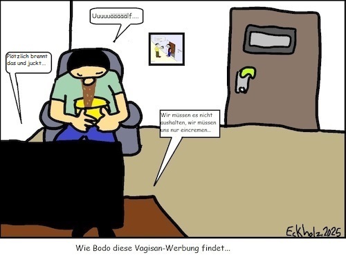 Cartoon: Werbung zum Kotzen... (medium) by Hutbürger1978 tagged ekel,eklig,werbung,vagisan,tv,rundfunk,reklame,salbe,gesellschaft,bodo,mann,widerlich,abscheu