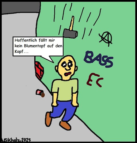 Cartoon: Hoffentlich... (medium) by Kritzelhonk tagged angst,sorgen,spaziergang,mann,gesellschaft,unbehagen,hammer,fall,gefahr,unfall