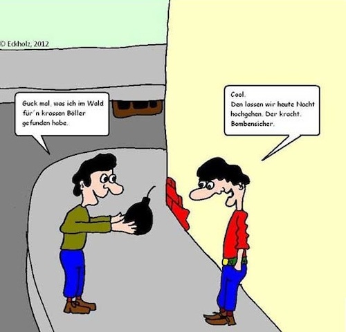 Cartoon: Böller... (medium) by Sachsenbirne tagged böller,knaller,kracher,bombe,bombensicher,silvester,jungen,fund,gefahr,gefährlich,neujahr,jahreswechsel,gesellschaft,knall