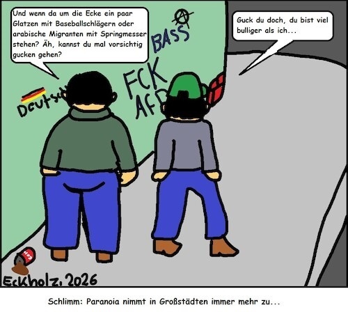 Cartoon: Paranoia... (medium) by Mr Speck tagged paranoia,stadtalltag,stadtleben,psycho,angst,verfolgungsangst,gesellschaft