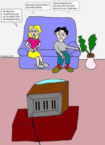 Cartoon: Ruhestörung... (medium) by Mr Speck tagged belästigung,nötigung,lärm,ruhestörung,bedrängung,gesellschaft,ignoranz,gleichgültigkeit,mann,frau,ehe,tv,fernsehen