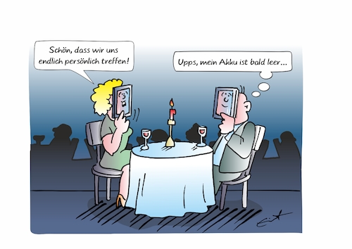 Cartoon: Computerliebe (medium) by Bernd Eisert tagged treffen,tablet,dinner,romantik,akku,scheinwelt,treffen,tablet,dinner,romantik,akku,scheinwelt