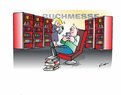 Cartoon: Digitale Buchmesse (medium) by Bernd Eisert tagged buchmesse,besucher,buch,regale,handy,fußstütze,buchmesse,besucher,buch,regale,handy,fußstütze