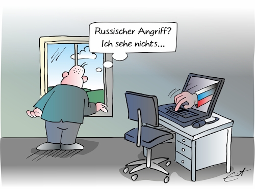 Cartoon: Digitaler Angriff (medium) by Bernd Eisert tagged pc,computer,hacker,russland,angriff,ahnungslos,gefahr,informationen,pc,computer,hacker,russland,angriff,ahnungslos,gefahr,informationen
