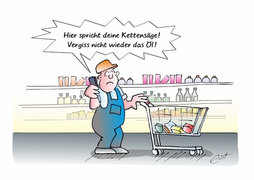 Cartoon: Echte Hilfe (medium) by Bernd Eisert tagged handwerker,einkauf,handy,kettensäge,öl,erinnerung,handwerker,einkauf,handy,kettensäge,öl,erinnerung