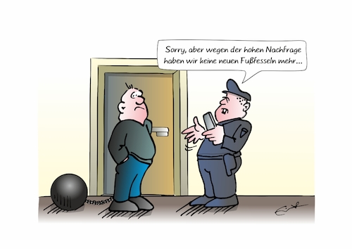 Cartoon: Fußfessel (medium) by Bernd Eisert tagged polizei,straftäter,strafe,fußfessel,eisenkugel,technik,polizei,straftäter,strafe,fußfessel,eisenkugel,technik