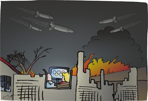 Cartoon: Hurra Olympia (medium) by Bernd Eisert tagged krieg,zerstörung,olympia,fernseher,raketen,angriff,krieg,zerstörung,olympia,fernseher,raketen,angriff