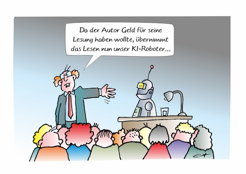 Cartoon: KI Lesung (medium) by Bernd Eisert tagged lesung,publikum,roboter,ki,moderator,ersatz,künstler,lesung,publikum,roboter,ki,moderator,ersatz,künstler
