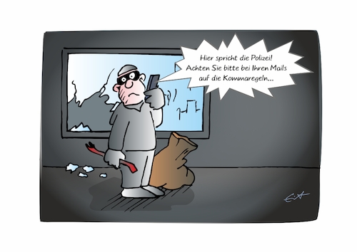 Cartoon: Mailüberwachung (medium) by Bernd Eisert tagged einbrecher,handy,polizei,überwachung,mail,einbruch,kommaregel,einbrecher,handy,polizei,überwachung,mail,einbruch,kommaregel