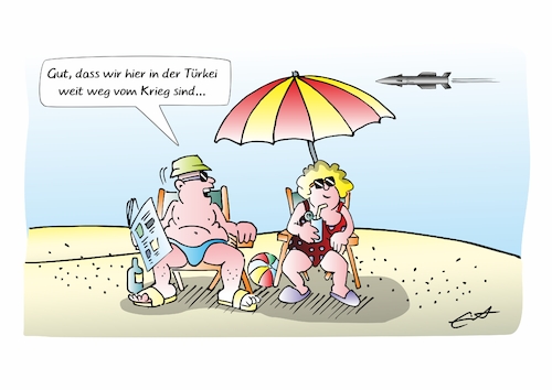 Cartoon: Sicherer Urlaub (medium) by Bernd Eisert tagged urlaub,türkei,krieg,iran,drohne,ehepaar,urlauber,sicherheit,urlaub,türkei,krieg,iran,drohne,ehepaar,urlauber,sicherheit