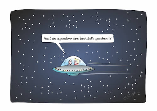 Cartoon: Tankproblem (medium) by Bernd Eisert tagged energie,raumschiff,bewegung,weltall,treibstoff,tankstelle,energie,raumschiff,bewegung,weltall,treibstoff,tankstelle
