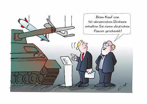Cartoon: Waffengeschäfte (medium) by Bernd Eisert tagged militär,drohnen,panzer,deutschland,ukraine,zusammenarbeit,geschäfte,militär,drohnen,panzer,deutschland,ukraine,zusammenarbeit,geschäfte