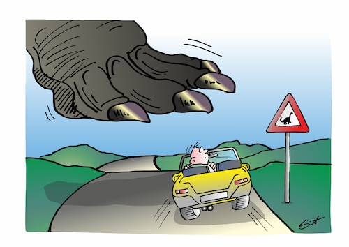 Cartoon: Wildwechsel (medium) by Bernd Eisert tagged dinosaurier,auto,verkehrsschild,autofahrer,überqueren,straße,dinosaurier,auto,verkehrsschild,autofahrer,überqueren,straße