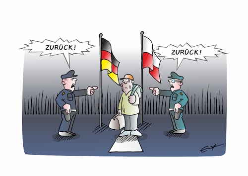 Cartoon: Zurück! (medium) by Bernd Eisert tagged grenze,beamte,immigrant,ausländer,abschieben,heimat,ziel,grenze,beamte,immigrant,ausländer,abschieben,heimat,ziel