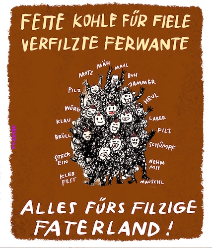 Cartoon: Filziges Faterland (medium) by omoko tagged vetternwirtschaft,gemauschel,betrug,afd,parteienfilz,scheinheilig,gelaber,selbstzerstörung,politischer,suizid,idioten,lügen,betrügen,geld,veruntreuen,dumm,volk,völkischer,mist
