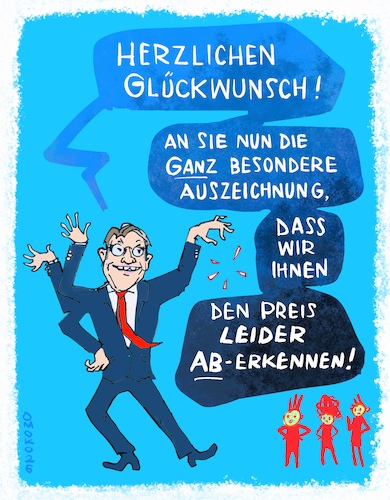 Cartoon: Kulturkampf (medium) by omoko tagged buchhandlungspreis,jury,votum,weimer,kulturstaatsminister,cancel,culture,lüge,verarschung,kulturschaffende,preisverleihung,kulturpolitik
