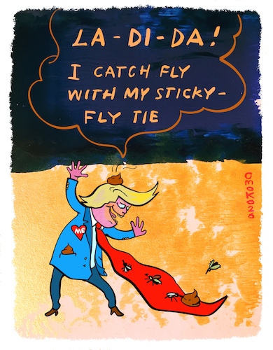 Cartoon: Shitty Fly Tie Dance (medium) by omoko tagged mr,president,shitty,tie,fly,flies,silly,dance,shit,imbecile,tronald,dump,sticky,catch,insects,kill,pest,donald,trump,stupid,behaviour,bad,toilet,humour,omoko