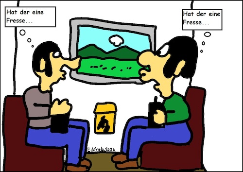 Cartoon: Hat der eine Fresse... (medium) by Kritzelspacko78 tagged fresse,hackfresse,spacken,männer,reisen,unterwegs,gleich,ähnlich,ähnlichkeit,gesellschaft,hässlich