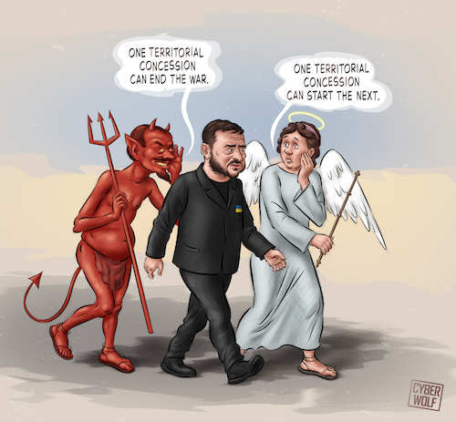 Cartoon: Advice (medium) by Cyberwolf tagged zelensky,ukraine,russia,war,negotiations,peace,territorial,concession,aggression,angel,devil