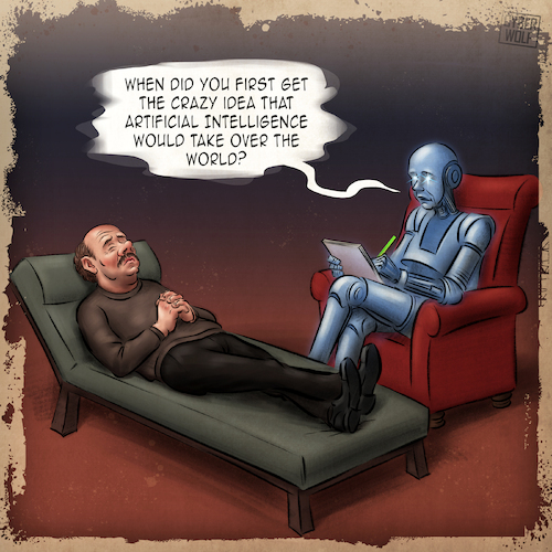 Cartoon: AI Phobia (medium) by Cyberwolf tagged ai,patient,psychoanalyst,phobia,robot