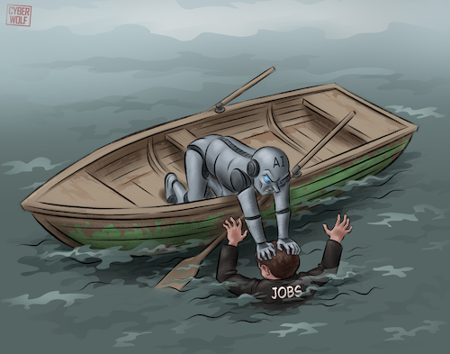 Cartoon: End of Employment (medium) by Cyberwolf tagged ai,artificialintelligence,jobs,employment,automation,workforce,technology,industry,unemployment,robot,android