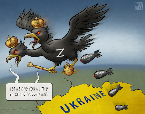 Cartoon: From Russia with Love (medium) by Cyberwolf tagged russian,two,headed,eagle,war,ukraine,agression,bombardment