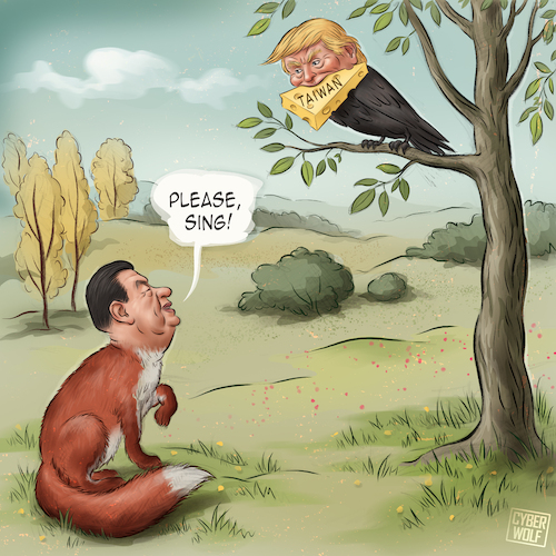 Cartoon: Taiwanese Cheese (medium) by Cyberwolf tagged taiwan,china,trump,president,xi,jinping,fable,fox,crow,cheese,taiwan,china,trump,president,xi,jinping,fable,fox,crow,cheese