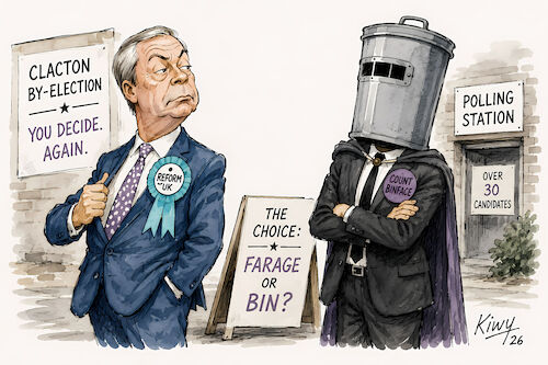 Cartoon: A Bin Choice (medium) by fkiwy tagged nigel,farage,count,binface,clacton,by,election,reform,uk,nigel,farage,count,binface,clacton,by,election,reform,uk