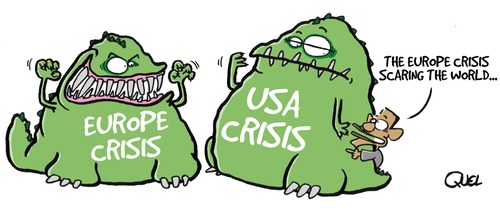 Cartoon: EUROPE CRISIS SCARING OBAMA (medium) by QUEL tagged europe,crisis,scaring,obama