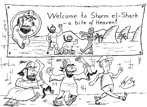 Cartoon: Sharm el-Shark (medium) by VoBo tagged shark,attack,egypt,diving,swimming,holiday,travel,hai,attacke,egypten,taucher,tauchen,urlaub,schwimmen