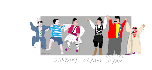 Cartoon: Greeks and Turkish  are dancing (medium) by gungor tagged war,and,peace,war,and,zpeace