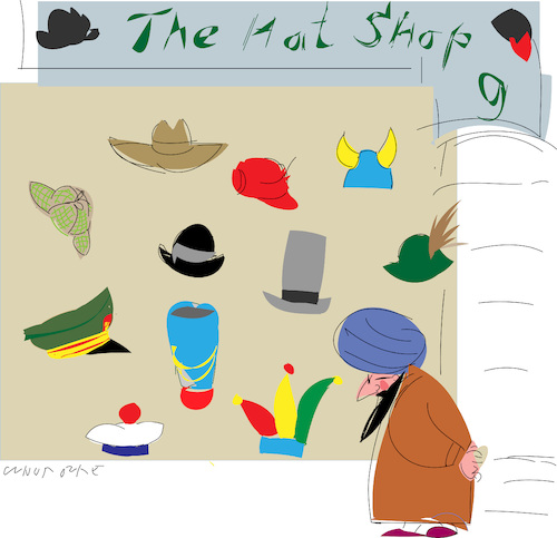 Cartoon: Hat shop versus Turban (medium) by gungor tagged mullah,turban,and,hat,shop,mullah,turban,and,hat,shop