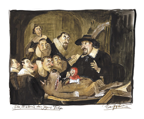 Cartoon: Die Anatomie des Jägers Tulp (medium) by Peter Bauer tagged bauer,peter,grimm,gebrüder,rotkäppchen,rembrandt