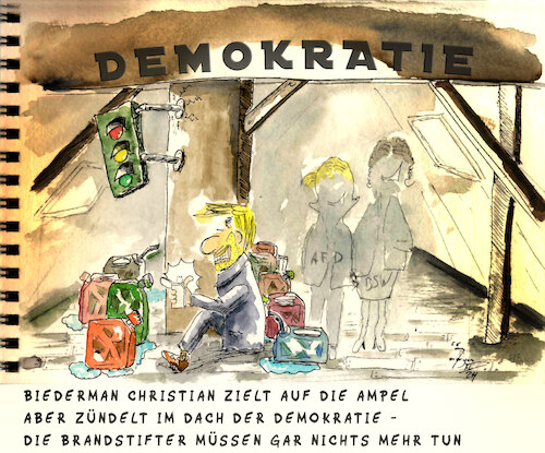 Cartoon: Biedermann Lindner (medium) by Lupe tagged lindner,christian,brüning,kanzler,finanzminister,schuldenbremse,fdp,bsw,ampel,afd,biedermann,brandstifter,max,frisch,dachboden,feuer,brand,feuerzeug,kanister,benzin