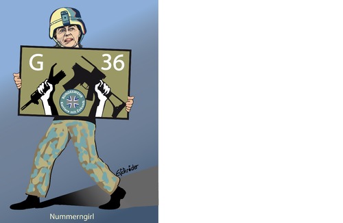 Cartoon: G 36 (medium) by ESchröder tagged verteidigungsministerin,ursula,von,der,leyen,bundeswehr,gewehr,36,qualitätskontrolle,gewehrersatz,investitionsstau,ausrüstung,waffenhersteller,heckler,und,koch