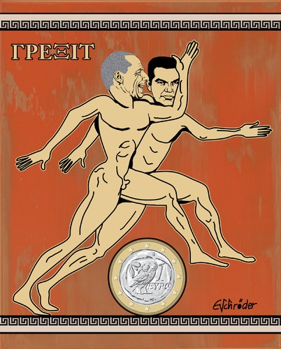 Cartoon: Grexit (medium) by ESchröder tagged griechenland,europa,union,exit,euro,varoufakis,tsipras,schulden,drachme,iwf,ezb,troika