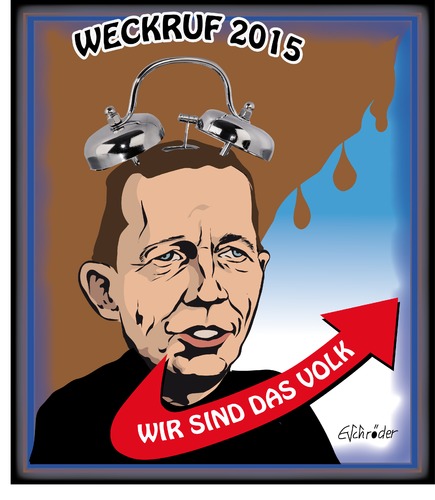 Cartoon: Luckes Weckruf 2015 (medium) by ESchröder tagged bernd,lucke,hans,olaf,henkel,afd,rechtskurs,rechtpopulisten,wirtschaftsliberale,neuorientierung,spaltung,neues,logo