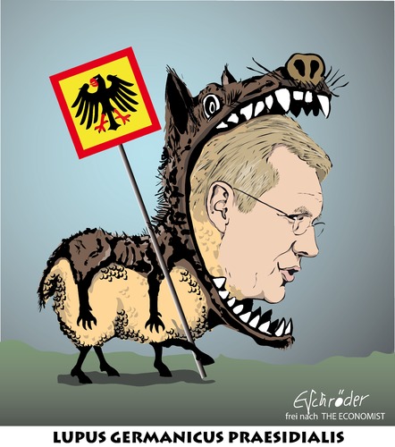 Cartoon: lupus germanicus (medium) by ESchröder tagged ministerpräsident,ex,schafspelz,wolf,politiker,cdu,bundespräsident,wulff,christian