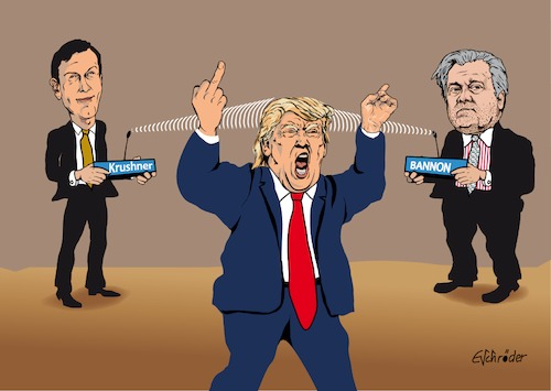 Cartoon: Trump gesteuert (medium) by ESchröder tagged trump,donald,usa,präsident,jared,krushner,schwiegersohn,steve,bannon,politikberater