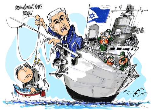 Cartoon: Beniamin Netanjahu-barcoEstelle (medium) by Dragan tagged beniamin,netanjahu,barco,estelle,izrael,palestina,gaza,politics,cartoon