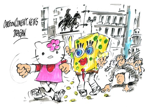 Cartoon: Bob Esponja y Hello Kitty- lucha (medium) by Dragan tagged bob,esponja,hello,kitty,madrid,puerta,de,sol,cartoon