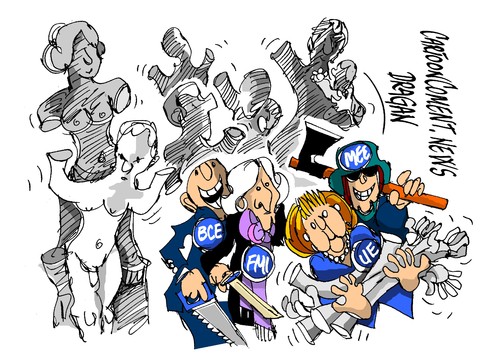Cartoon: Grecia-recortes (medium) by Dragan tagged grecia,recortes,comision,europea,banco,central,europeo,mecanismo,de,estabilidad,fondo,monetario,internacional,politics,cartoon