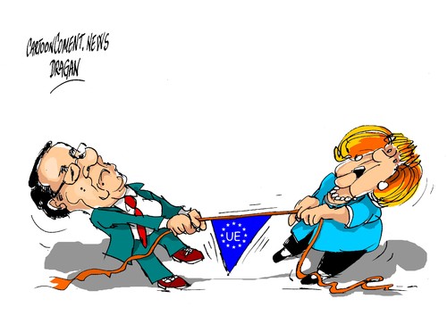 Cartoon: Hollande-Merkel-UE (medium) by Dragan tagged francois,hollande,angela,merkel,ue,alemania,francia,eje,cricis,economica,politics,cartoon