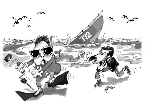 Cartoon: Kim Jong-il   Lee Myung Bak (medium) by Dragan tagged kim,jong,il,lee,myung,bak,seul,corea,del,sur,norte,pyongyang,cheonan,politics,cartoon