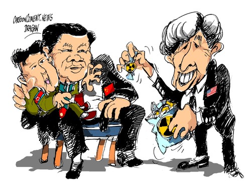 Cartoon: Kim Jong-un-Xi Jinping-Kerry (medium) by Dragan tagged kim,jong,un,xi,jinping,john,kerry,eeuu,china,corea,de,norte,politics,cartoon