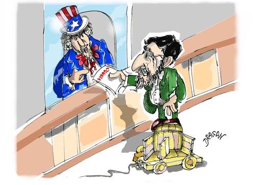 Cartoon: Mahmud Ahmadineyad (medium) by Dragan tagged mahmud,ahmadineyad,eeuu,iran,onu,tratado,de,no,proliferacion,nueva,york,armamento,nuclear,politics,cartoon
